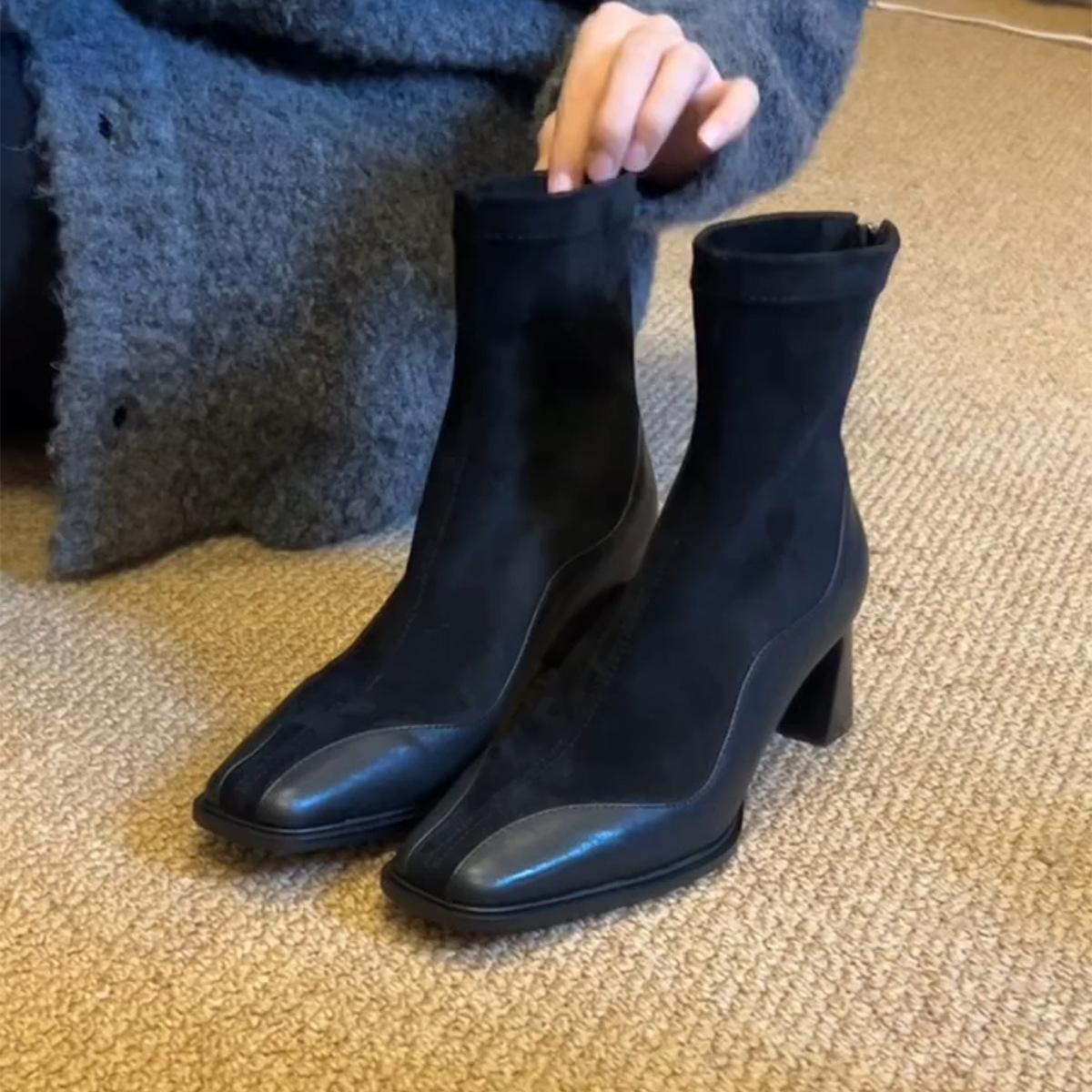 

French stretch women s retro square head splicing suede socks boots high heel temperament short boots 41