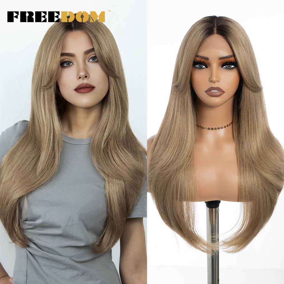 FREEDOM Synthetic Lace Front Wigs For Women 26 inch Straight Layered Wig With Bangs Ombre Brown Blonde Highlight Daily Party Wig