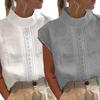 Stand-Neck Short Sleeve Retro Tops Hollow Out Lace Stitching Loose Fit Thin Women Solid Color Shirt Top Streetwear