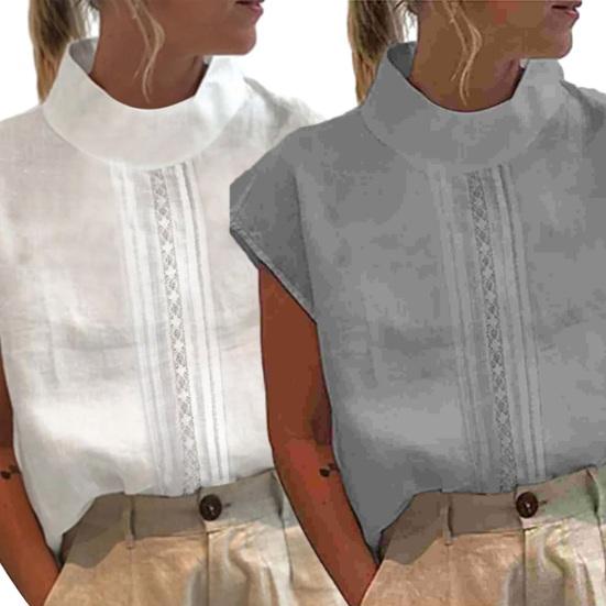 Stand-Neck Short Sleeve Retro Tops Hollow Out Lace Stitching Loose Fit Thin Women Solid Color Shirt Top Streetwear