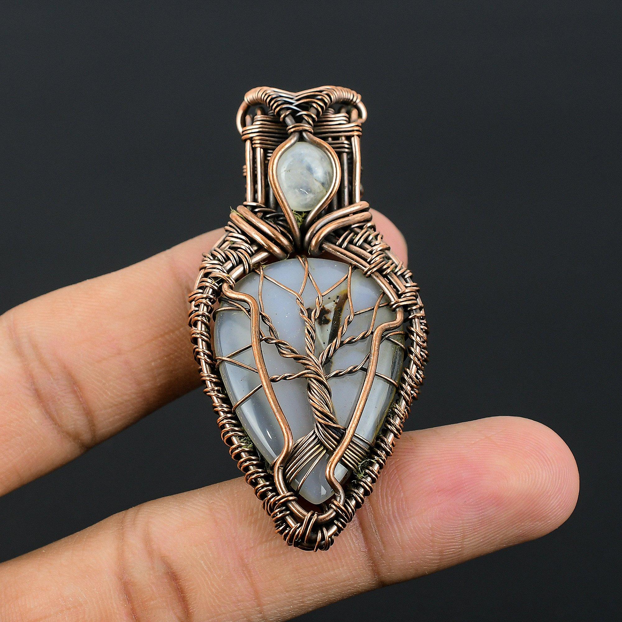 

Кулон из Монтанского агата и Радужного лунного камня, Ручная работа с обмоткой медной проволокой 999 пробы, Новое ювелирное изделие, Подарок для него, Кулон с драгоценным камнем для женщин 2.55 Inches