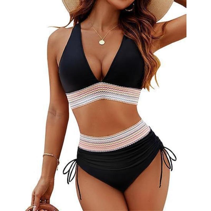 New tight-fitting swimsuit women s sexy deep V high-waisted bikini swimsuit S чёрный