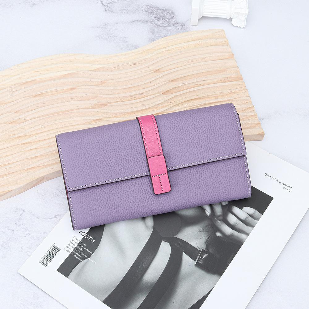 Women's Top Grain Cowhide Color Block Long Wallet - Large Capacity, Multifunctional Clutch & Phone Bag
