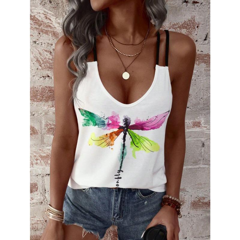 Womens V Neck Double Strap Tank Top With Dragonfly Print Casual Solid Color Sleeveless Blouse
