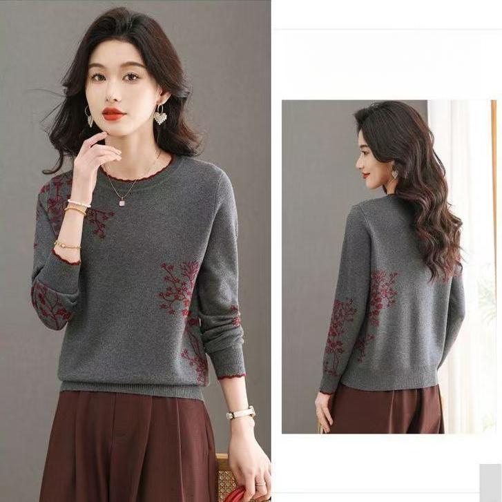Jacquard Sweater Round-neck Pullover for Women Autumn and Winter Paired with Loose Warm and Thick Knitted Top