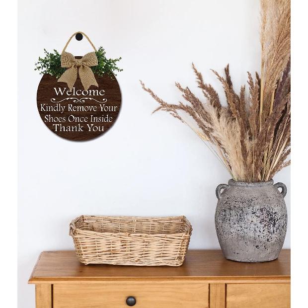 Welcome Kindly Remove Your Shoes Once Inside Thank You Wood Sign Home Decor Door Wall Hanger Keep Clean Manners Take Off Shoes 11*11 Inches Round