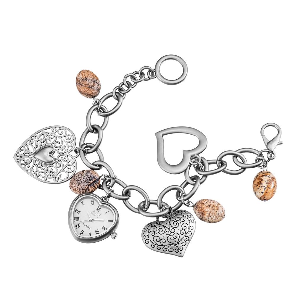 Cute Women's Watch with Chain Bracelet: Stylish Analog Display Heart Natural Stone Quartz Watch In Silver - Perfect Gift for Birthdays,
