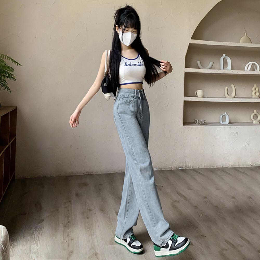 Double-button Straight Wide-leg Jeans Women's Leather Brand 2025 Autumn and Winter New Versatile and Thin Floor-mopping Jeans