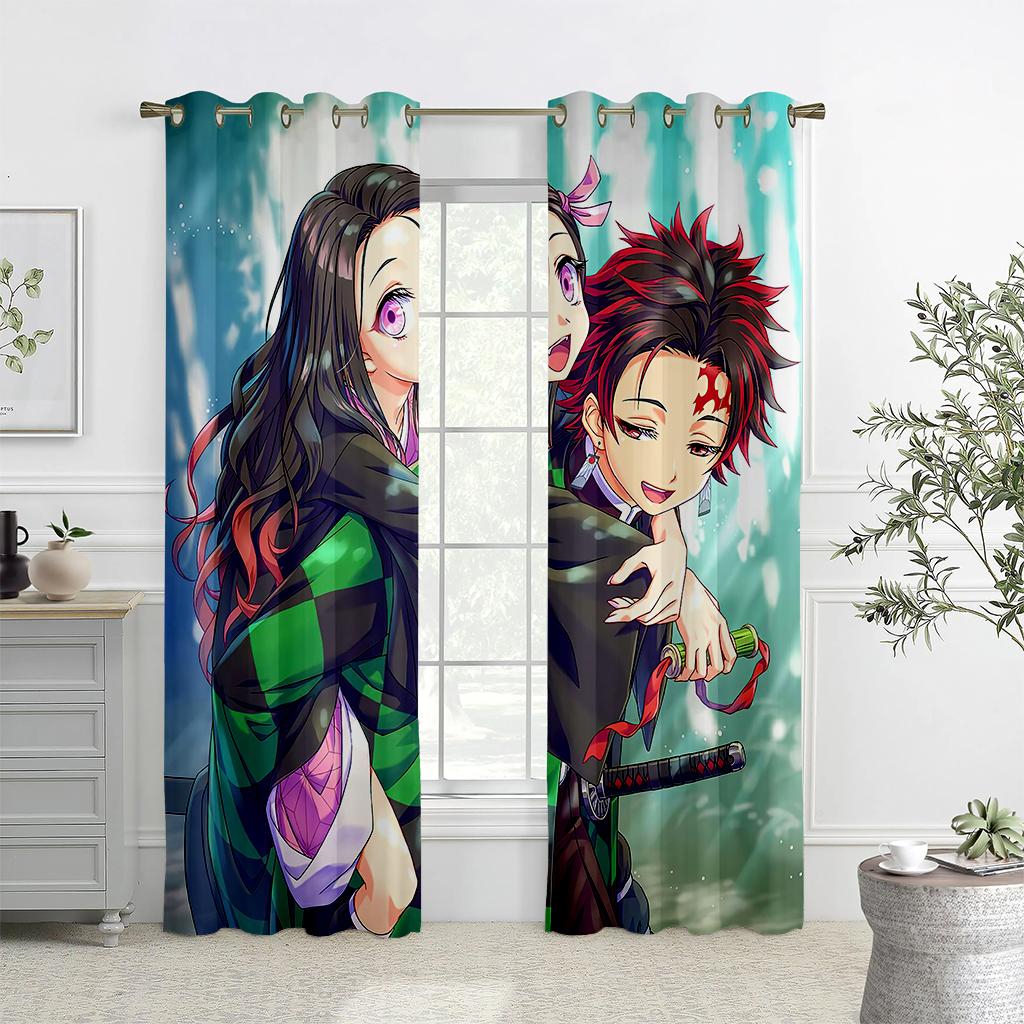 2PCS Japan's Popular Anime Pattern Printed Curtains, Animation, Children's Room Pole Pocket Decorative Curtains