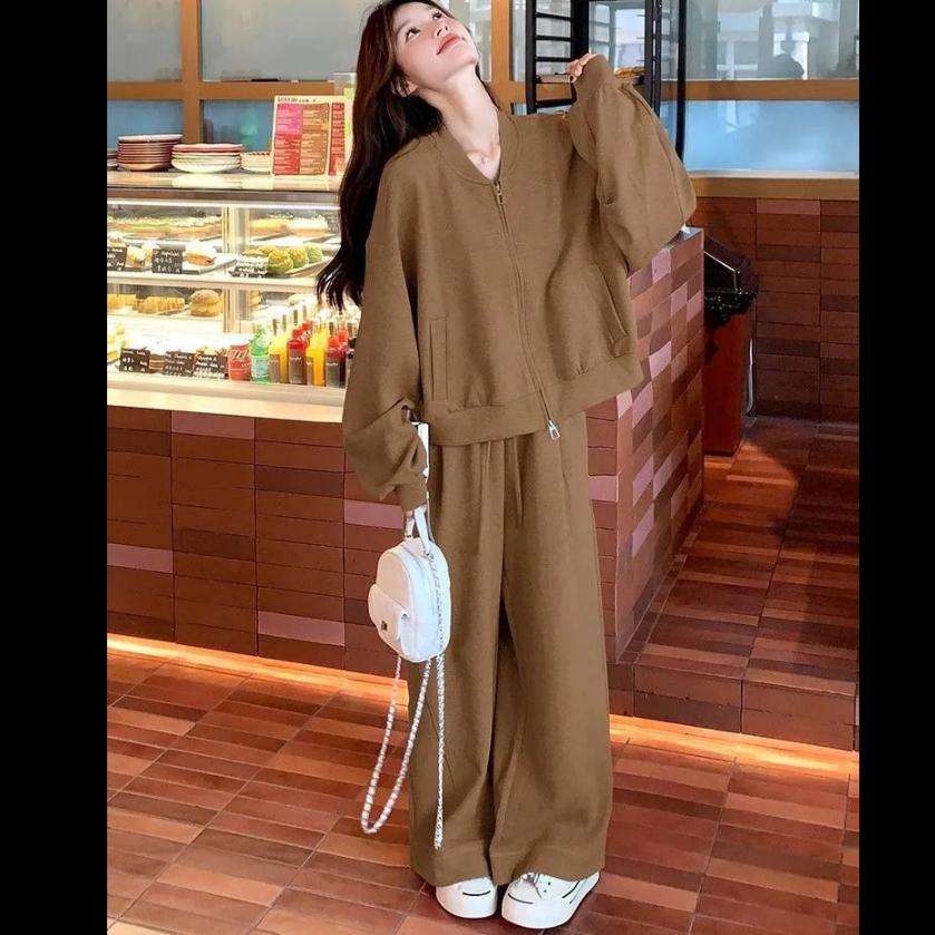 Extra Plus Size Men's Casual Sports Sweater Suit Women's Spring and Autumn High-waisted Wide-leg Pants Two-piece Suit