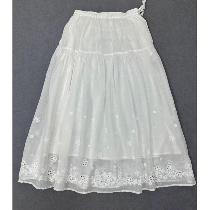 Johnature Summer French Embroidery Three-dimensional Flower Skirt Women Vintage Ramie Elastic Waist Skirts