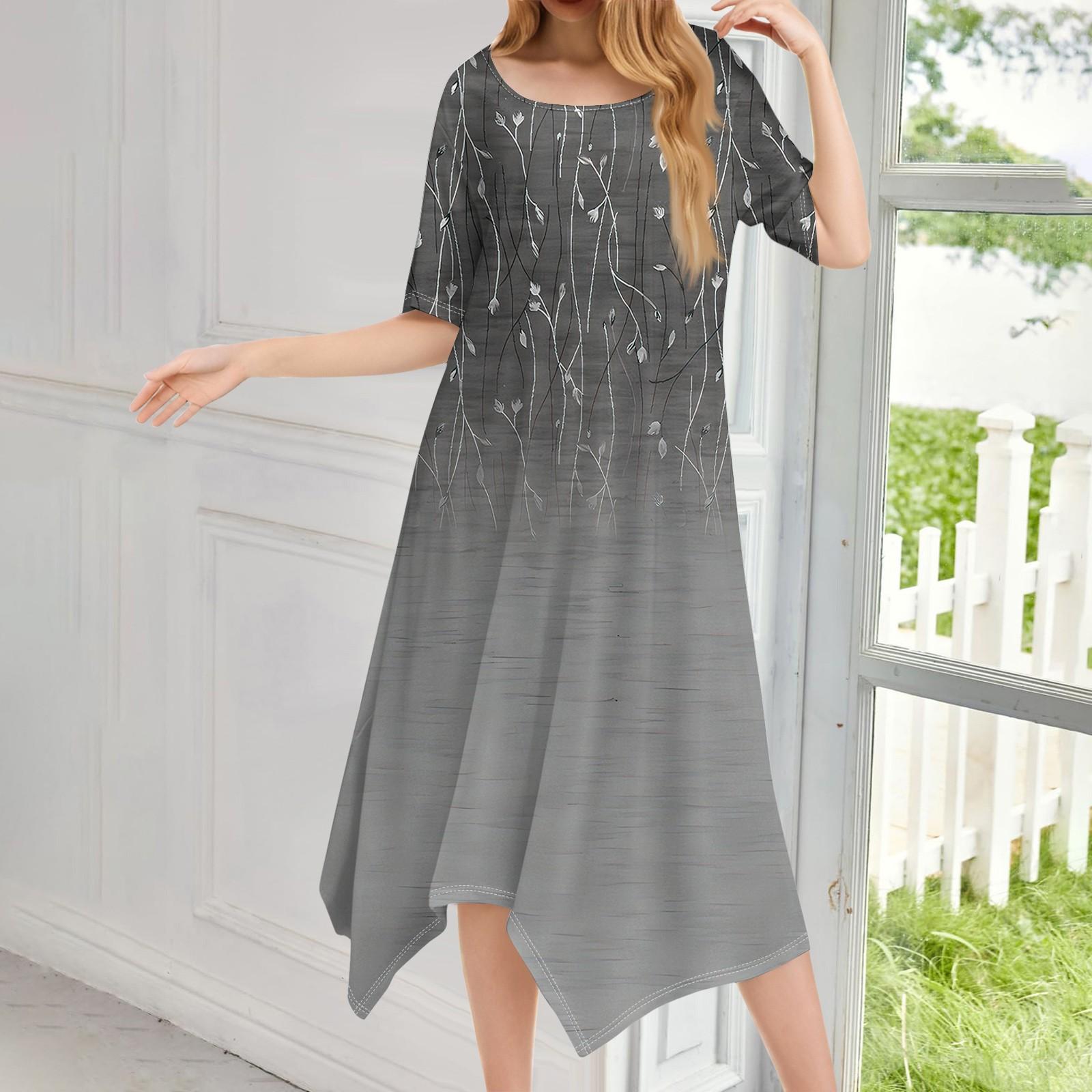 

Женское повседневное модное платье миди с круглым вырезом и коротким рукавом с принтом и неровным подолом L