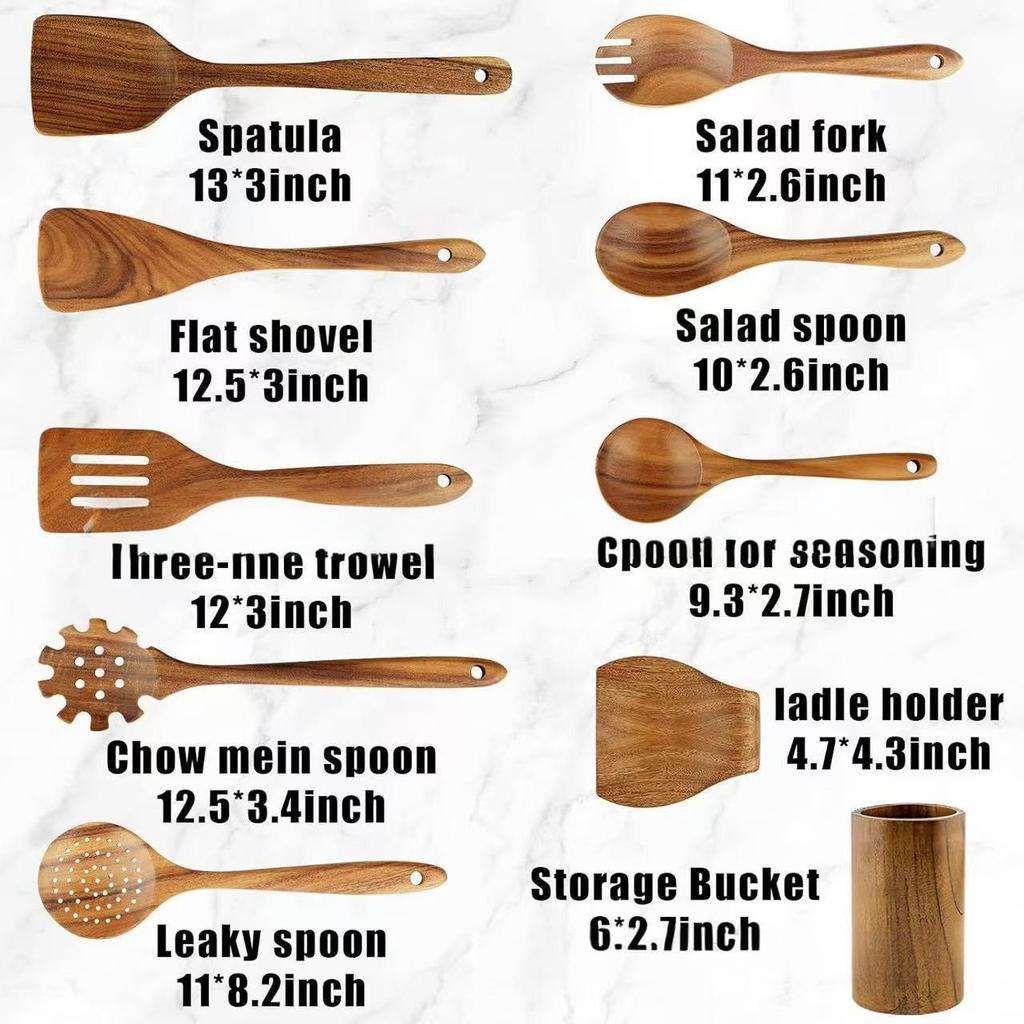 Teak Non-Stick Long-Handle Solid Wood Pan and Acacia Wood Kitchenware Set