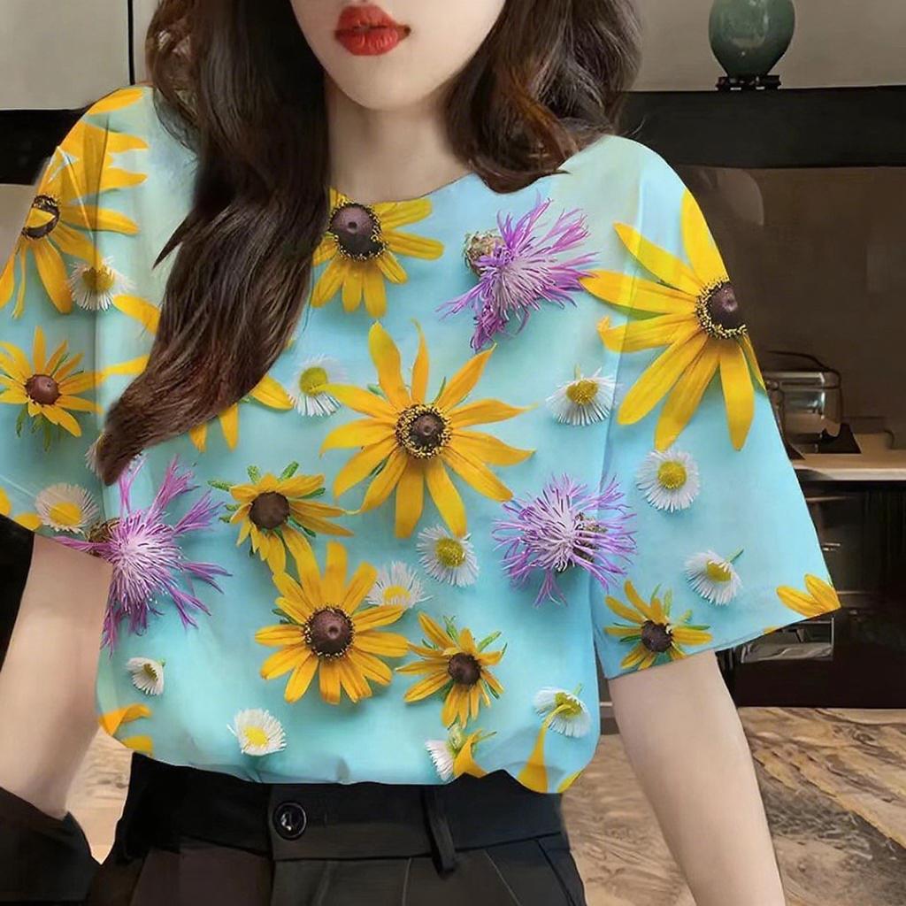 

Summer Round Neck 3D Flower Smiling Face Pattern Print Top Fashionable Casual Short Sleeved Women s T-shirts S