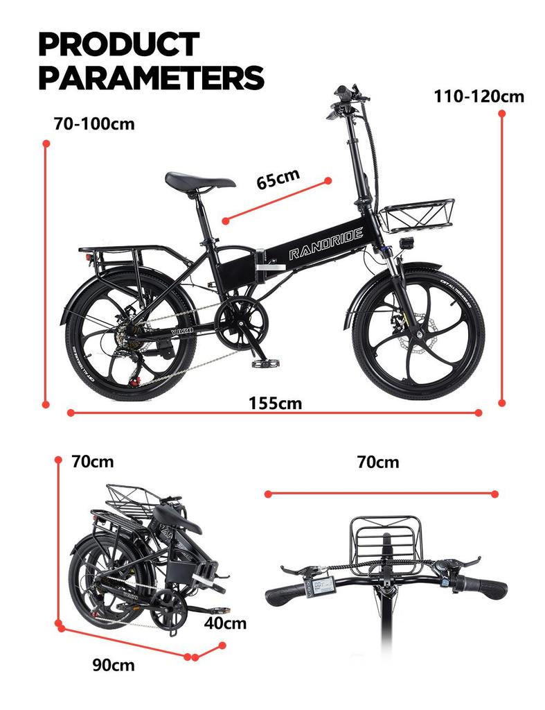 RANDRIDE YA20 Electric Bike 350W Motor 40km/h Max Speed 48V 12.8Ah Battery 80-90 Max Range 20*1.95'' CST Tires 120kgLoad