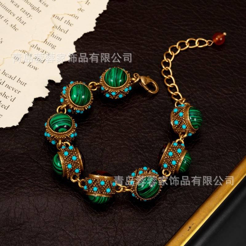 Vintage Jewelry Turquoise Natural Stone Inlaid With Zircon Bracelet Hollow Style