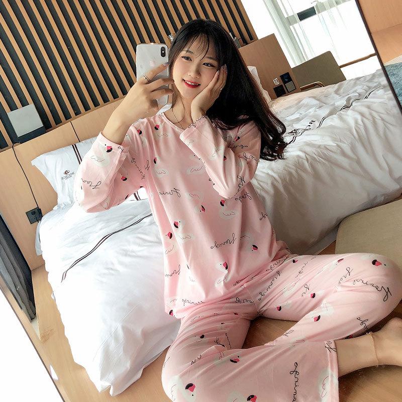 Women Autumn Winter Long-sleeved Cartoon Pajamas Set 2024 New Round Neck Cute Solid Color Pullover Sleepwear Clothes Set