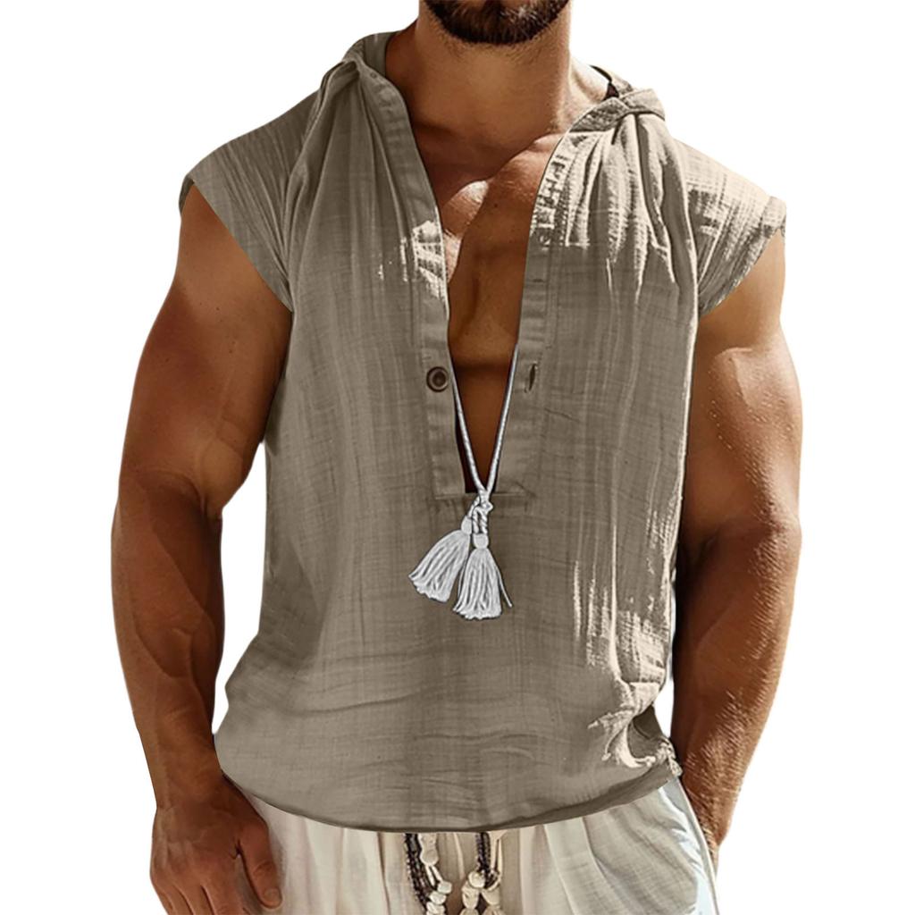 Men'S V-Neck Loose Fitting Sweat Sleeveless Hooded Shirt Fashionable Top