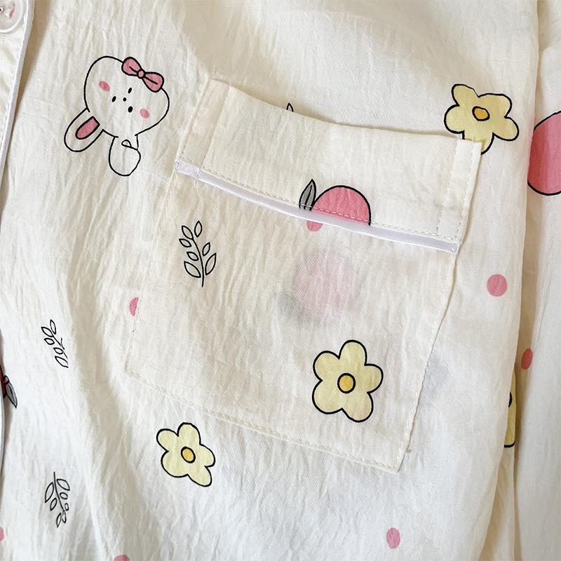 French Aesthetic Rabbit Flower Dot Print  Pajamas Long Sleeve Top & Elastic Waist Pants Pajamas Nightwear