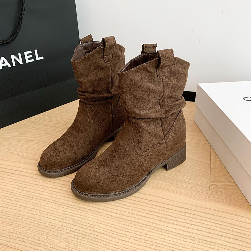 Retro round head stacking boots autumn new merard high heel western cowboy knight boots medium boots short boots