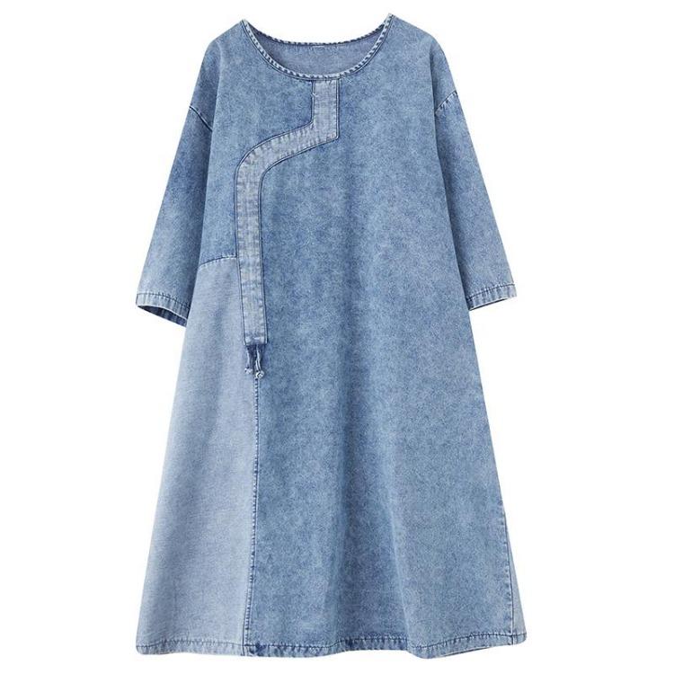 New Vintage Summer Denim Dress Women Plus Size Elegant Loose Blue Maxi Basic Dresses O Neck
