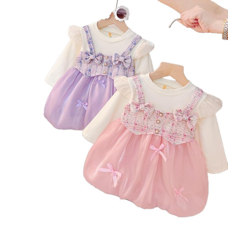 Girls Prinss Dress Spring Summer Autumn Fake Two Pie Bowknot Stylish Fashionable Versatile