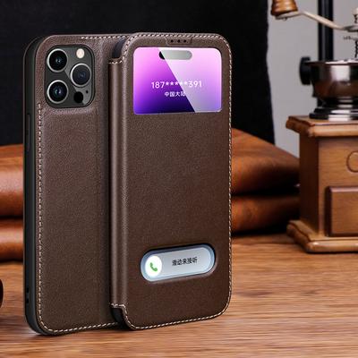 Genuine Leather Clear View Window Phone Case for iPhone 15 14 13 12 11 Pro Max XR XS X 7 8 Plus SE   Magnetic Flip Cover
