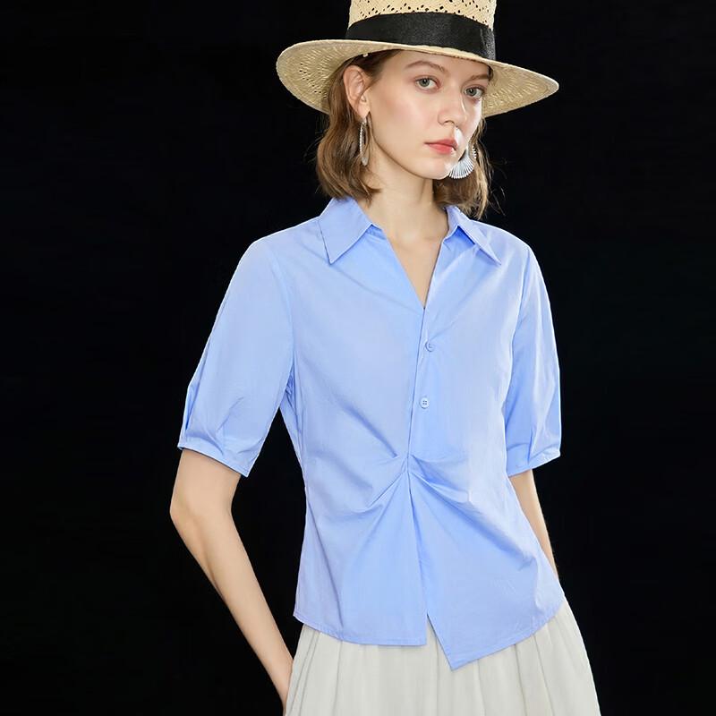 Women's 100% Cotton Irregular Hem Twisted Pleat Short Sleeve Shirt