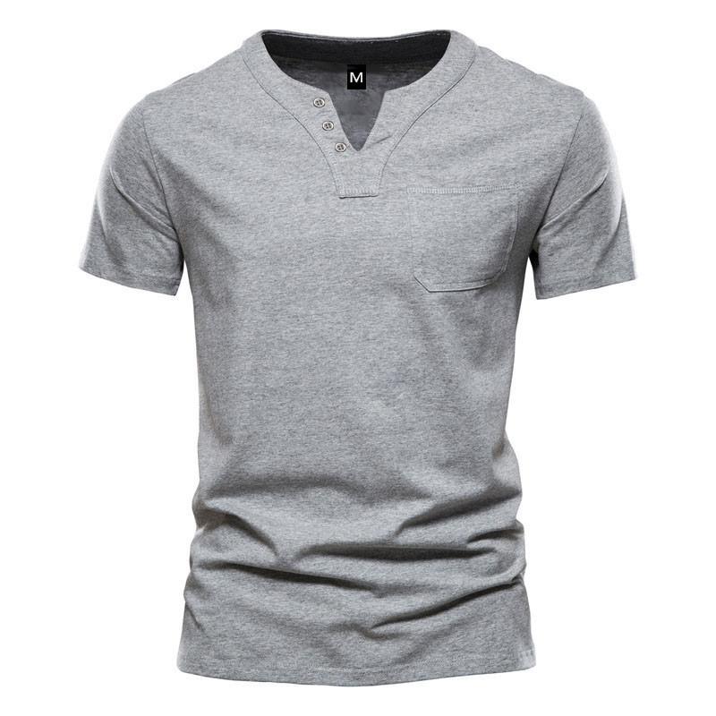 Men's V-neck Short-sleeved T-shirt Youth Casual Slim Sports Henley Solid Color Top