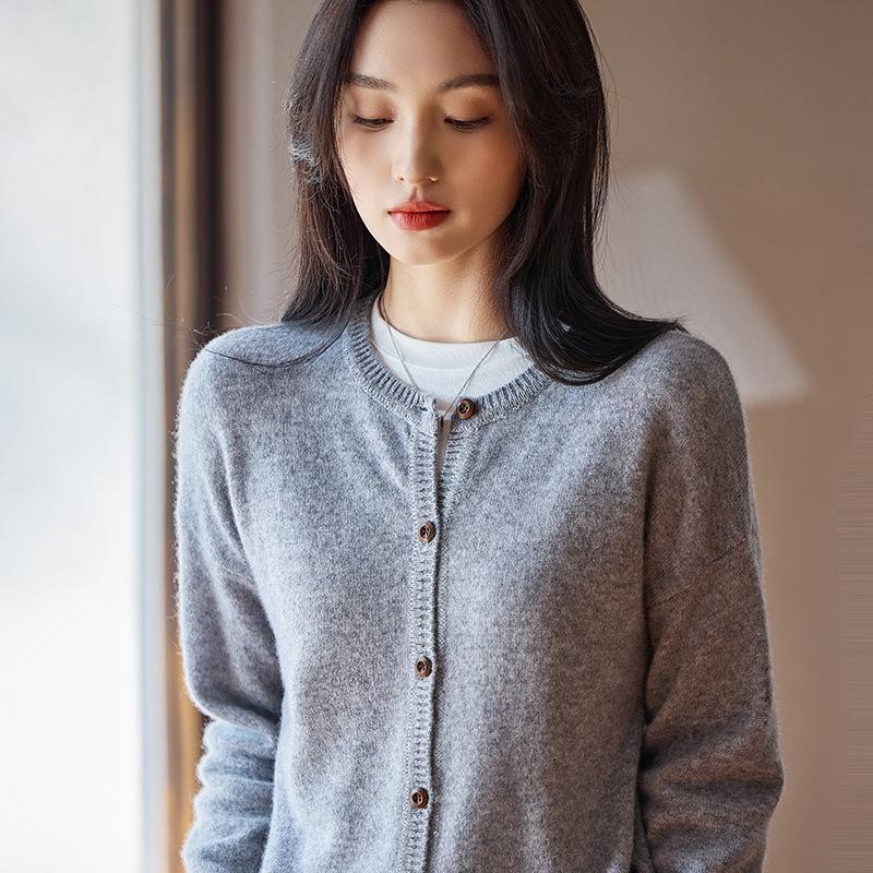 Women's Wool Cashmere Cardigan: Solid Color, Round Neck, Stylish, Long Sleeve, Loose Fit Sweater Jacket