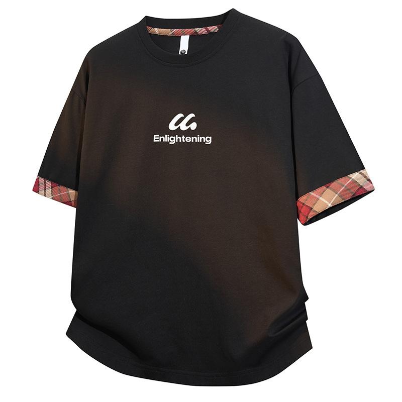 

Мужская ретро летняя футболка с контрастной клеткой, круглым вырезом и короткими рукавами M чёрный