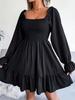 European & American Plus Size Long Sleeve Puff Square Neck Ruffle Dress