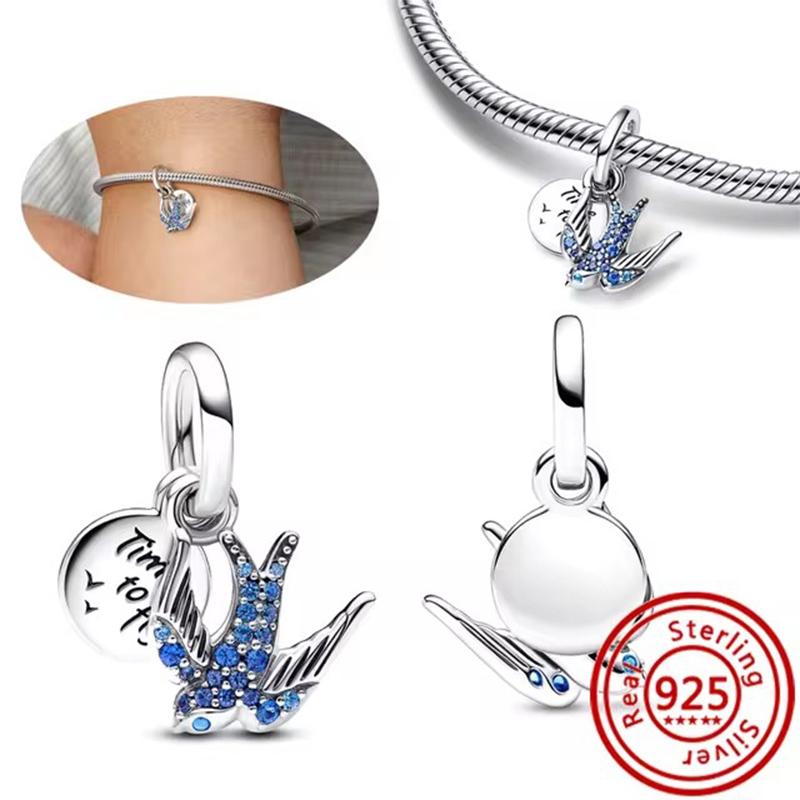 Nova Série Azul Prata Esterlina 925 Andorinha Folha Nuvem Borboleta Tachas Berloques Pulseira Joias