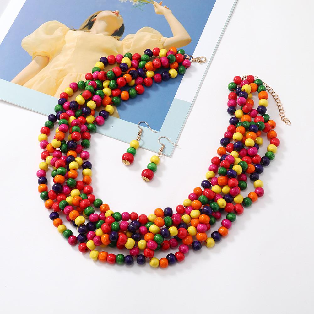 

Wooden Bead Bohemian Tassel Necklace And Earring Set For Accessory Fashion