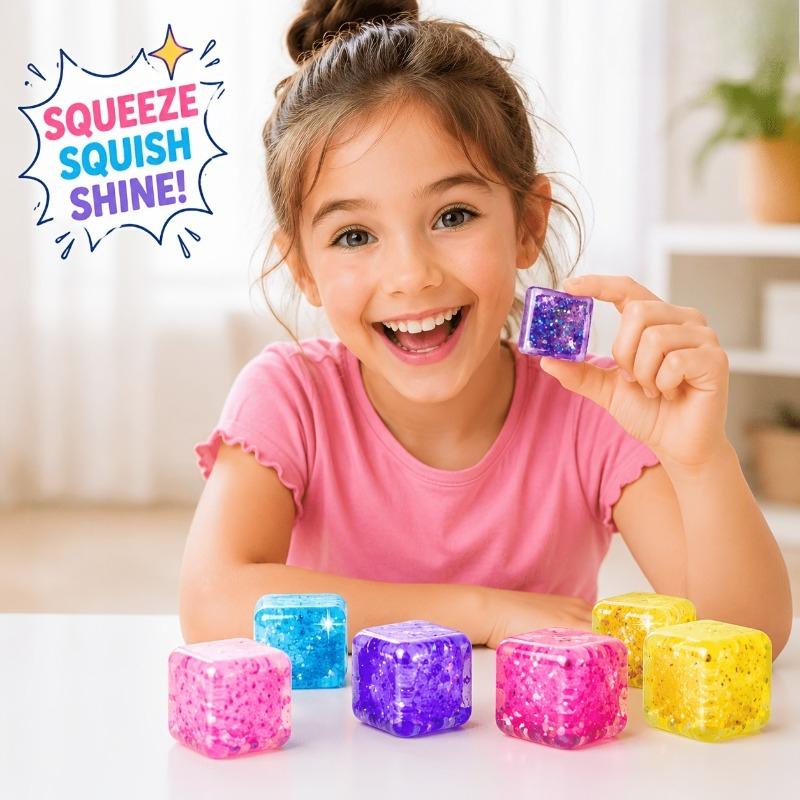 (HefengCL) Glitter Cube TPR Squishy Toy, Soft Stress Relief Squeeze Toy, Random Color, Ideal Party Favors Classroom Rewards