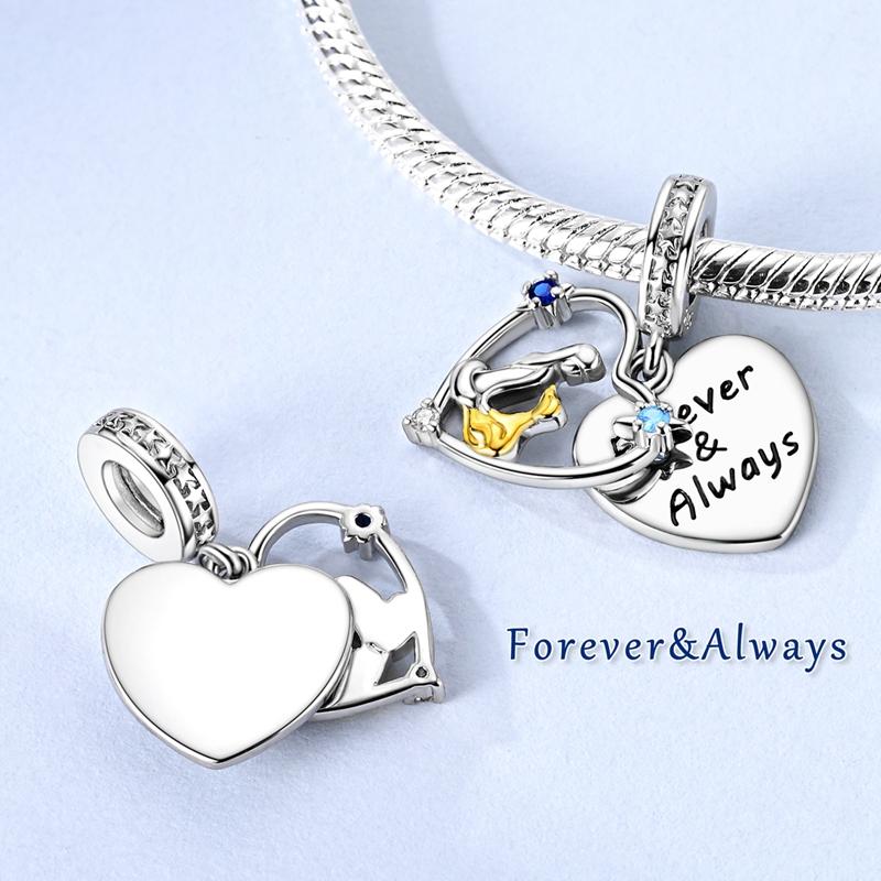 Copper Girl & Dog Forever Double-Sided Heart Dangle Charm Fit Original Bracelet Making Gift For Woman Jewelry Diy