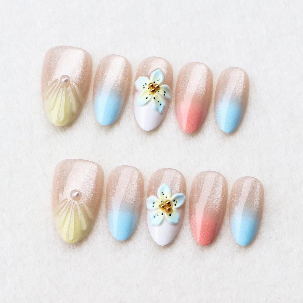 Gradient Blue 3D Floral Wearable Nails: Spring/Summer Cat Eye Whitening Manicure