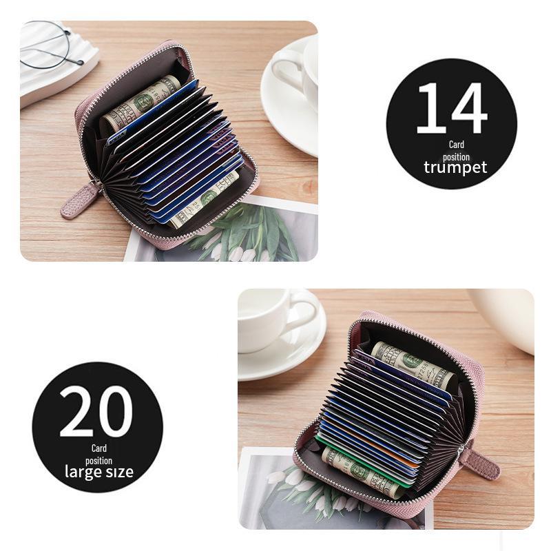 Women's Genuine Leather Zipper Card Holder - Anti-Demagnetization Multi-Slot Accordion Style