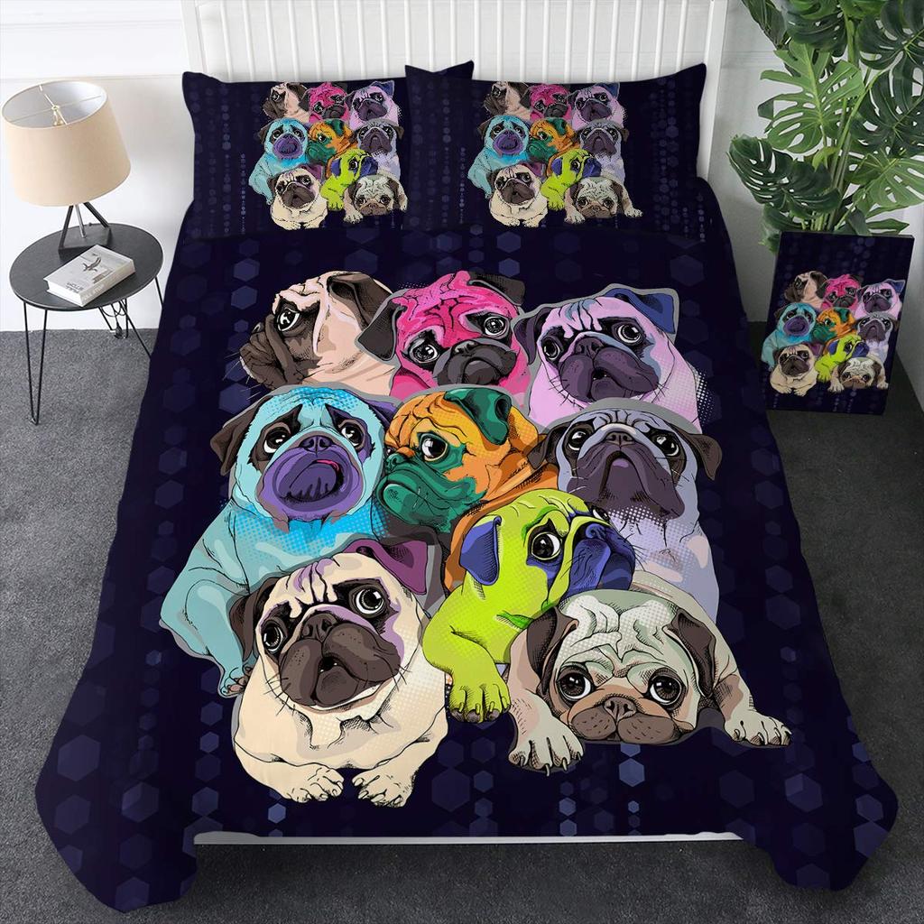 Cute Dogs Print Bedding Set Puppy Animal Duvet Cover Set 2/3 Pcs Watercolor Pastel Dog Paw Comforter Cover Pug Dog Lover Bed Set