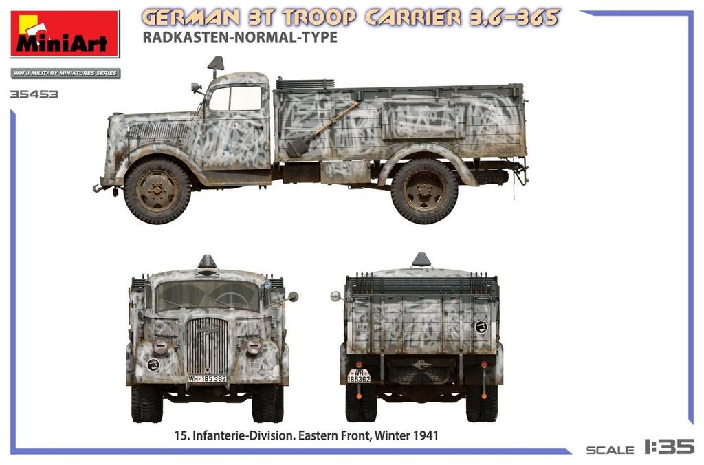 Miniart Scale German Troop Carrier Standard Fender Type Plastic Model MA35453 1/35 3-ton 3,6-36S (Military Vehicle)