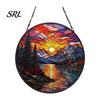 Wall Hanging Landscape Art Stained Glass Style Suncatcher, Mountain Sunset Window Ornament, Colorful Sunrise Decor Sun Catcher for Home Garden,