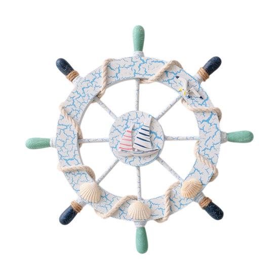 11" Nautical Beach Wooden Ship Wheel Wall Art Coastal Style Boat Steering Wheel Wall Hanging Ornament with Starfish And Hemp Rope for Living Room