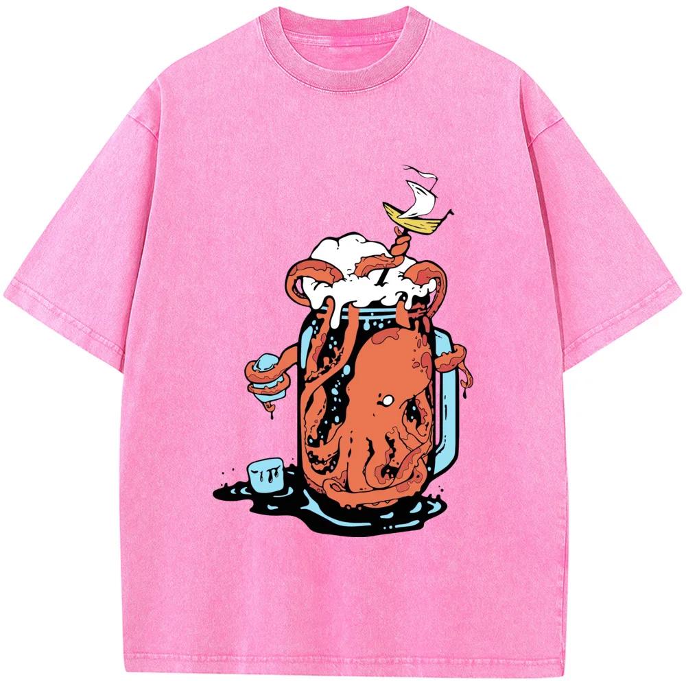 Cup and Octopus Printed Men's Short-Sleeved T-shirt Grams Of High-Quality Washed Old Tshirt Unisex Breathable Casual Tees