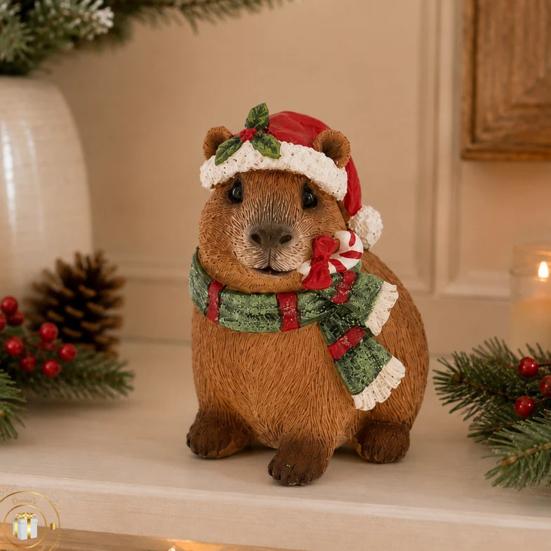 Whimsical Animal Ornaments for Courtyard Christmas Capybara Resin Figurine, Statue with Santa Hat Scarf Wreath, Artistic Crafts Windowsill