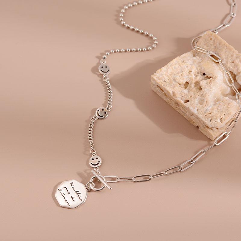 Thai Silver Square Brand Ot Buckle Versatile Hip-Hop Smiley Face Necklace Female Simple Sweet Cool Wind Sweater Chain