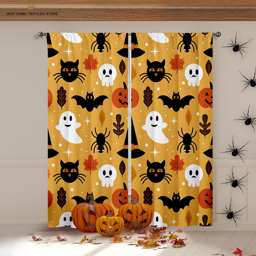 Halloween Horror Pumpkin Cartoon Print Curtains, Blackout, Heat Insulation, Restaurant, Bedroom, Party Decoration
