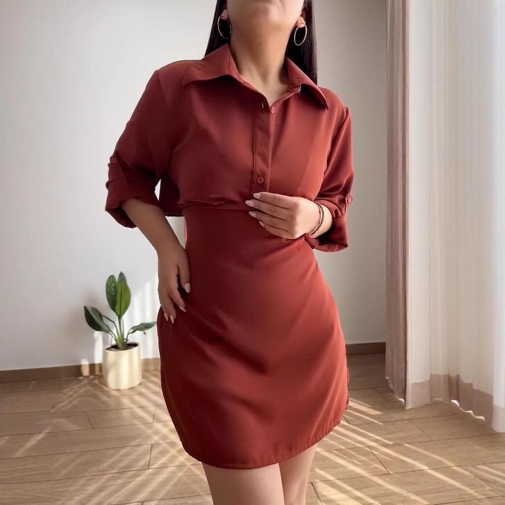 European & American Women's Fashion: 2025 Autumn New Shirt Collar Long Sleeve Waist-Cinching Hip-Hugging Short Skirt