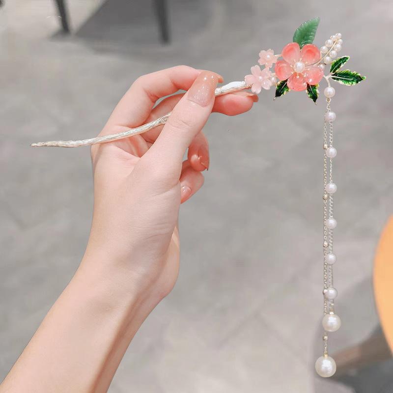 Antique Tassel Pearl Peach Blossom Hairpin Hanfu Sweet Flower Step Hairpin Disc Hair Cheongsam Headdress