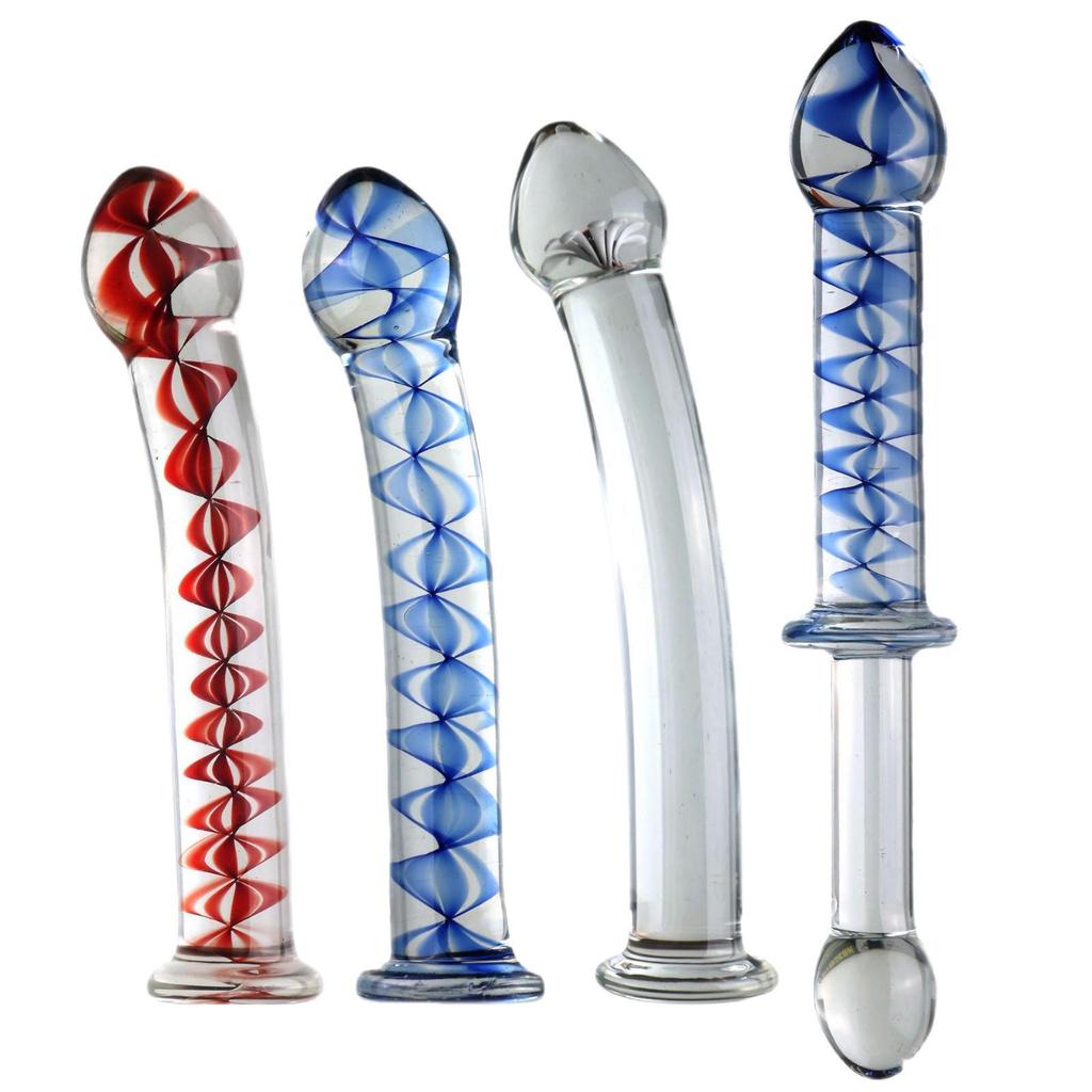 Blue-Red Inner Carved Flower Ribbed Glass Dildo with Handle for Female Use
