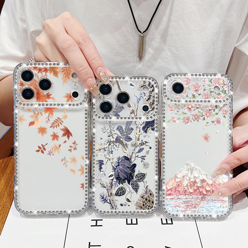 Colorful Floral Pattern Diamond Case For iPhone 17 Pro Max Funda iPhone 16 15 14 13 Pro Max Clear TPU Silicone Soft Cover